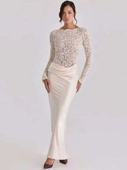 Off Shoulder Lace Satin Maxi Dress