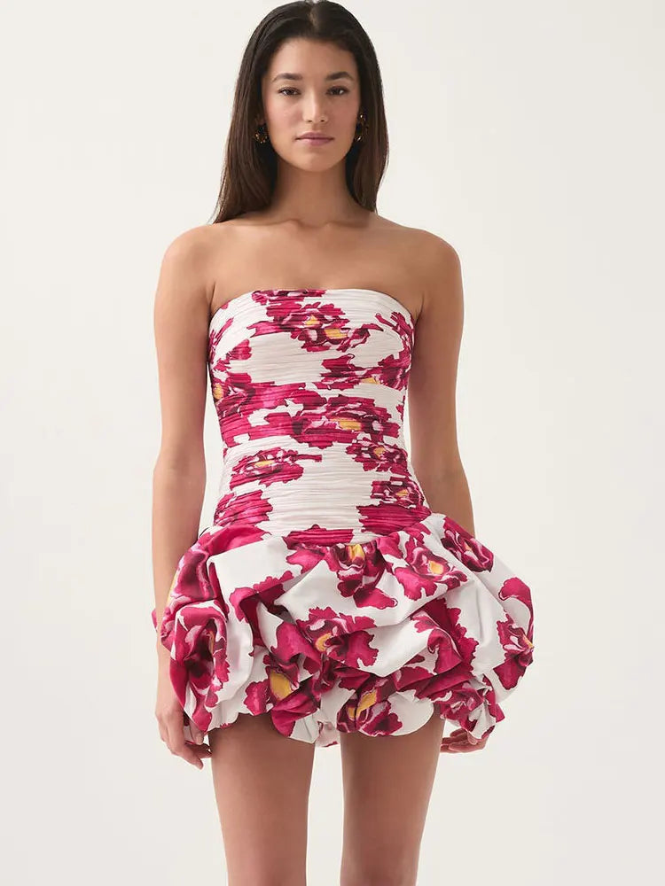 Sexy Strapless Printed Ruffles Folds Deign Mini A-line Dress