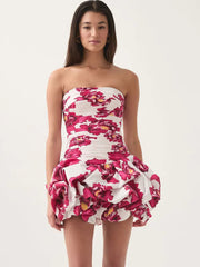 Sexy Strapless Printed Ruffles Folds Deign Mini A-line Dress