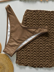 Sexy Coffee Pleate Skirt 3 Piece Swimsuit