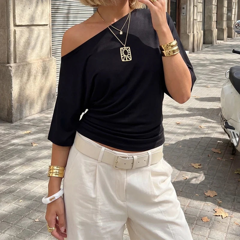 Y2K Off Shoulder Short Sleeve T-Shirt Elegant Ruched Cinched Waist Crop Top