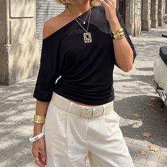 Y2K Off Shoulder Short Sleeve T-Shirt Elegant Ruched Cinched Waist Crop Top