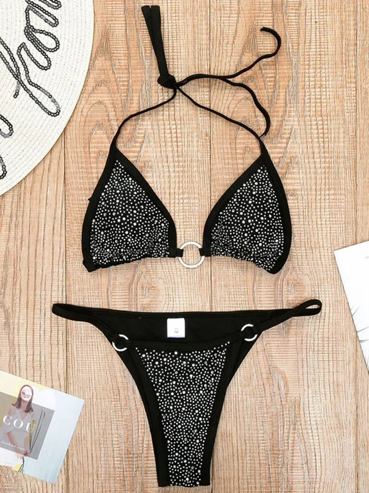 Halter Shiny Rhinestone Diamond Mini Micro Bikini