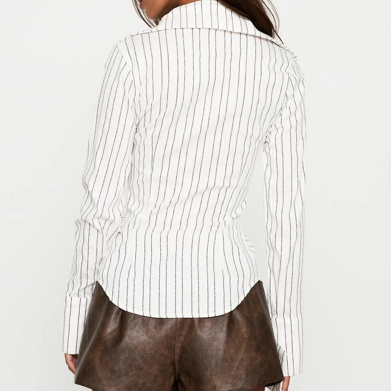 Slim Fit Button Down Striped T-Shirt Elegant Office Lady Long Sleeve Blouse Tees Vintage Y2K Chic Crop Tops