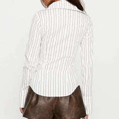 Slim Fit Button Down Striped T-Shirt Elegant Office Lady Long Sleeve Blouse Tees Vintage Y2K Chic Crop Tops