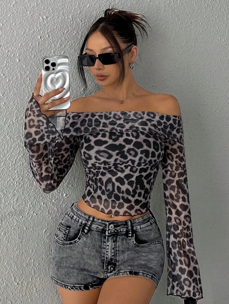 Leopard Off Shoulder Female Versatile Knitted Tees