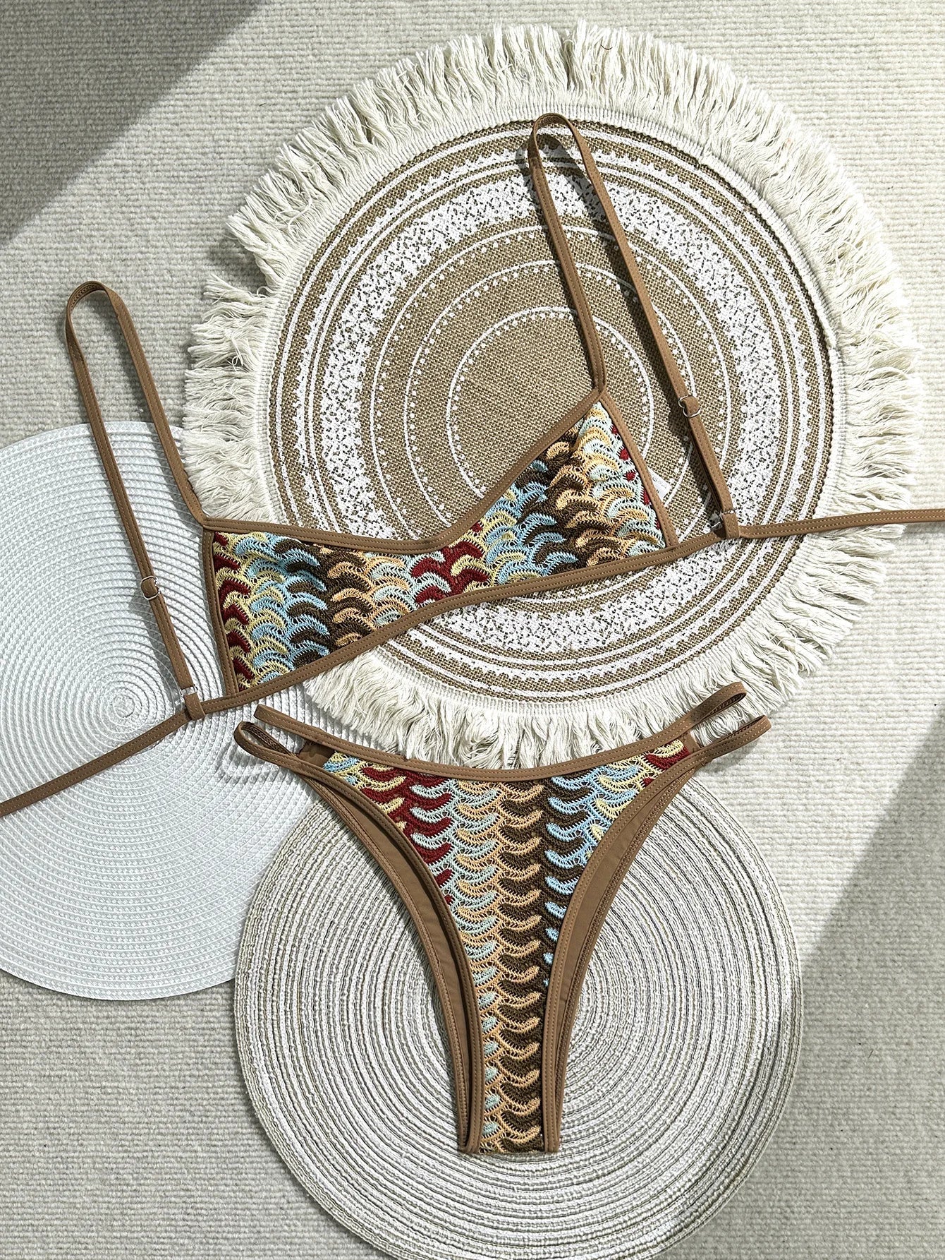 Vintage Crochet Coffee Striped Bikini Set