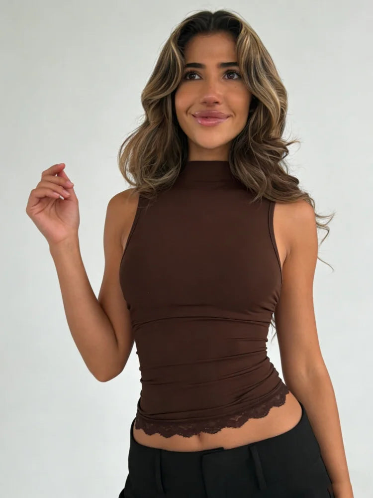 Solid Color Sleeveless Mock Neck Lace Hem Fitted Crop Top