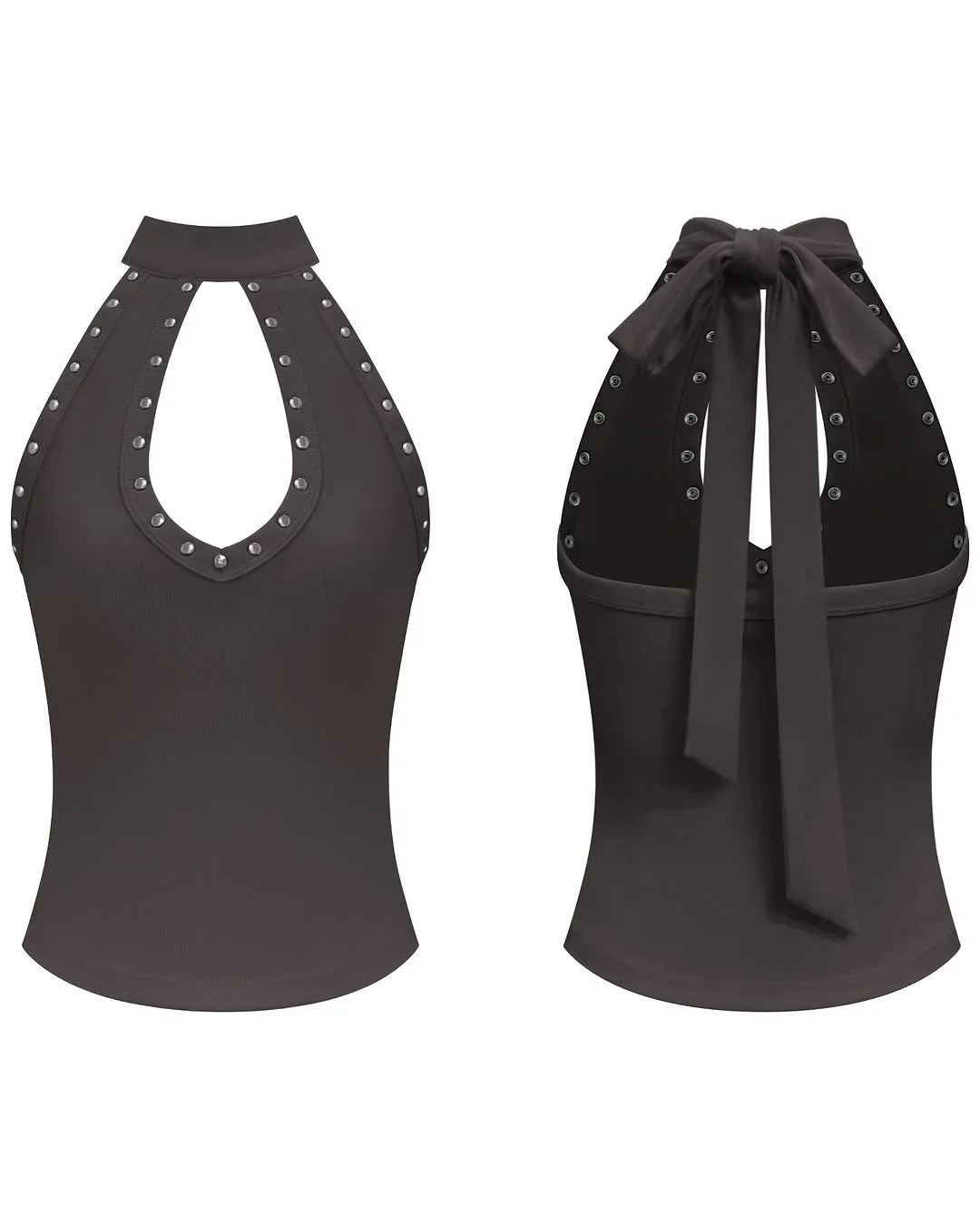 Commuting Gothic Style Rivet Embellished Halter Tank Top