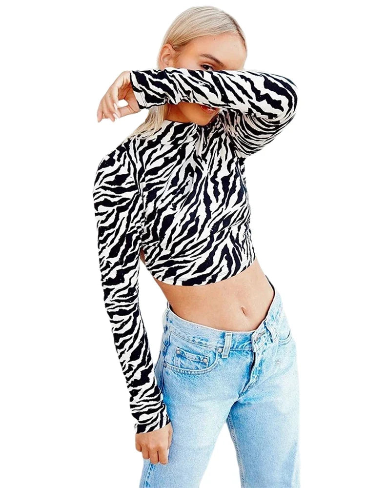 Women's Dragon Pattern Crop T-shirt Long Sleeve Backless Sexy Tee Elastic Skinny Top