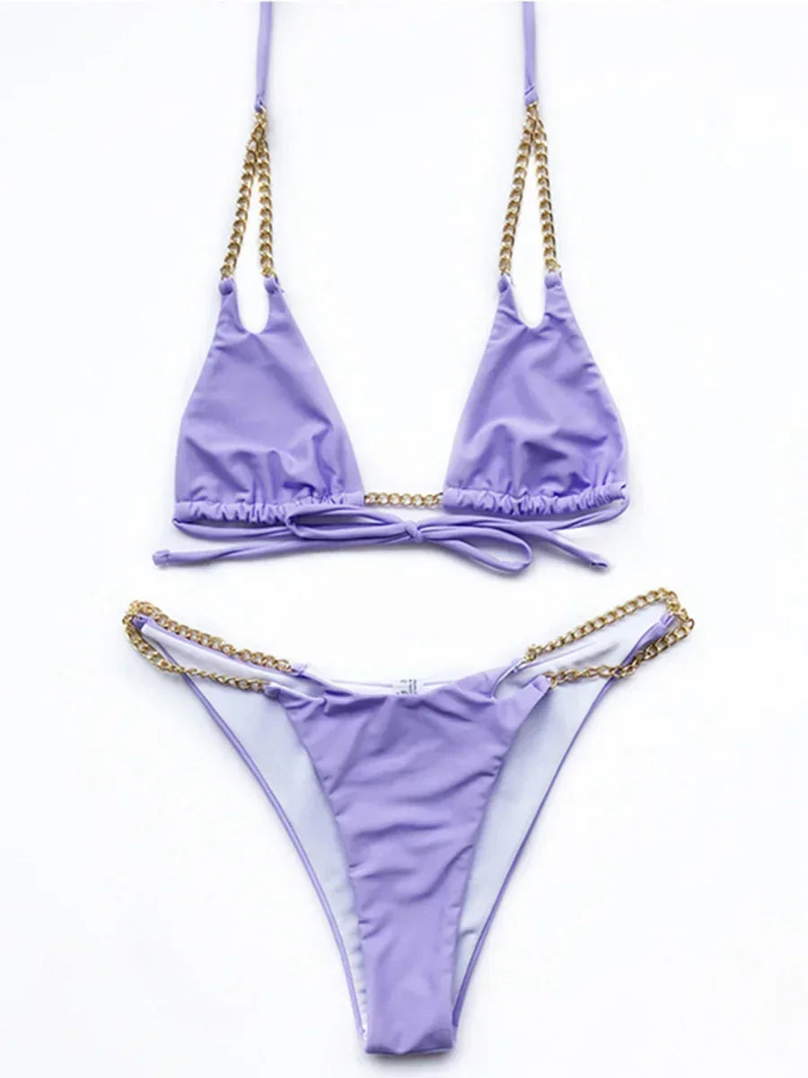 Sexy Halter Metal Chains Brazilian Bikini
