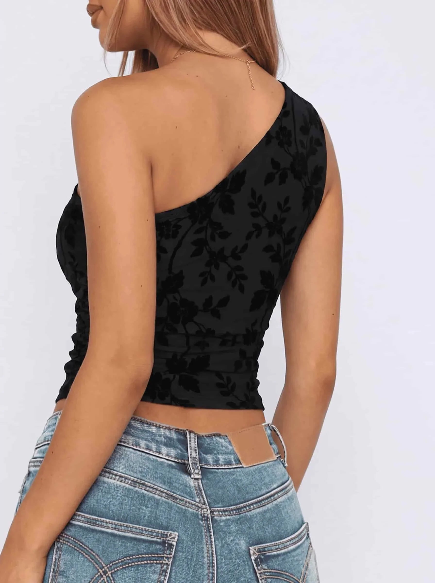 Floral Flocked Mesh One Shoulder Crop Top