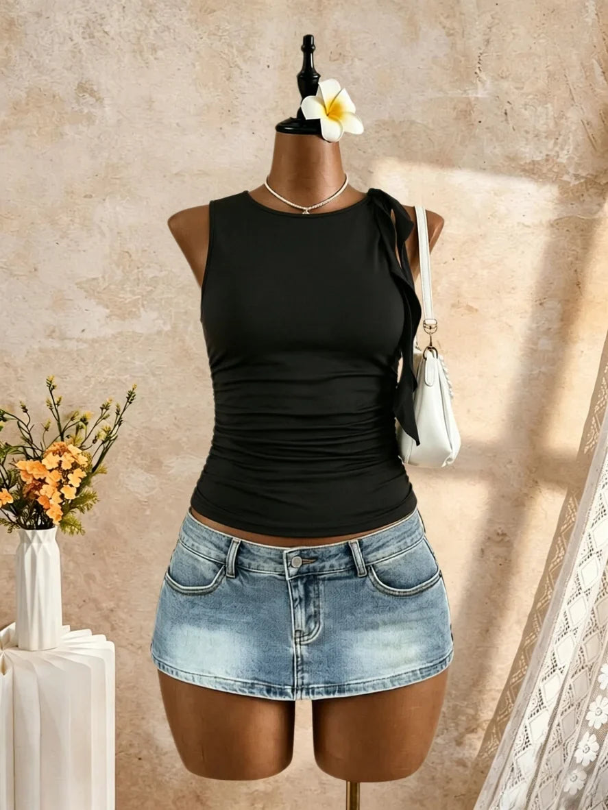 Round Neck Sleeveless Side Tie Knot Ruched Slim Fit Crop Tank Top