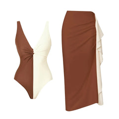 Sexy Coffee Patchwork Long Skirt 3 Piece Swimsuit
