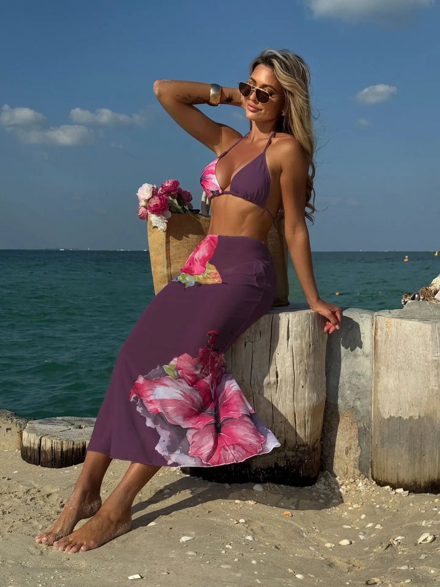 Sexy White Floral Print  Mesh Long Skirt 3 Piece Bikini