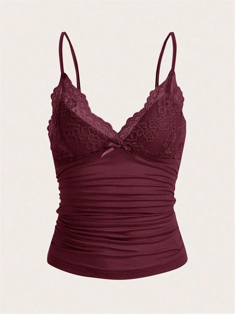 Sexy Contrast Lace Bow Front Crop Cami Top