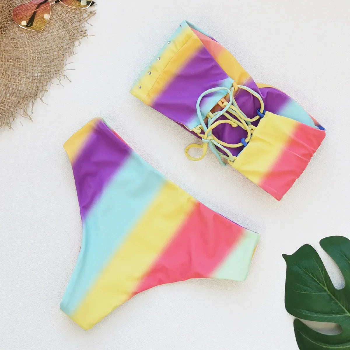 Shiny Pink Gradient Striped Bikini Set