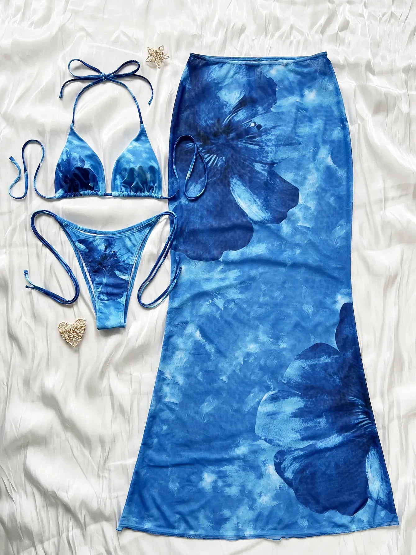 Vintage Blue Tie Dye Floral Print Bikini Set