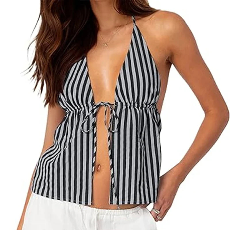 Striped Front Tie Up Halter Neck Cami Sexy Low Cut Backless Crop Tops