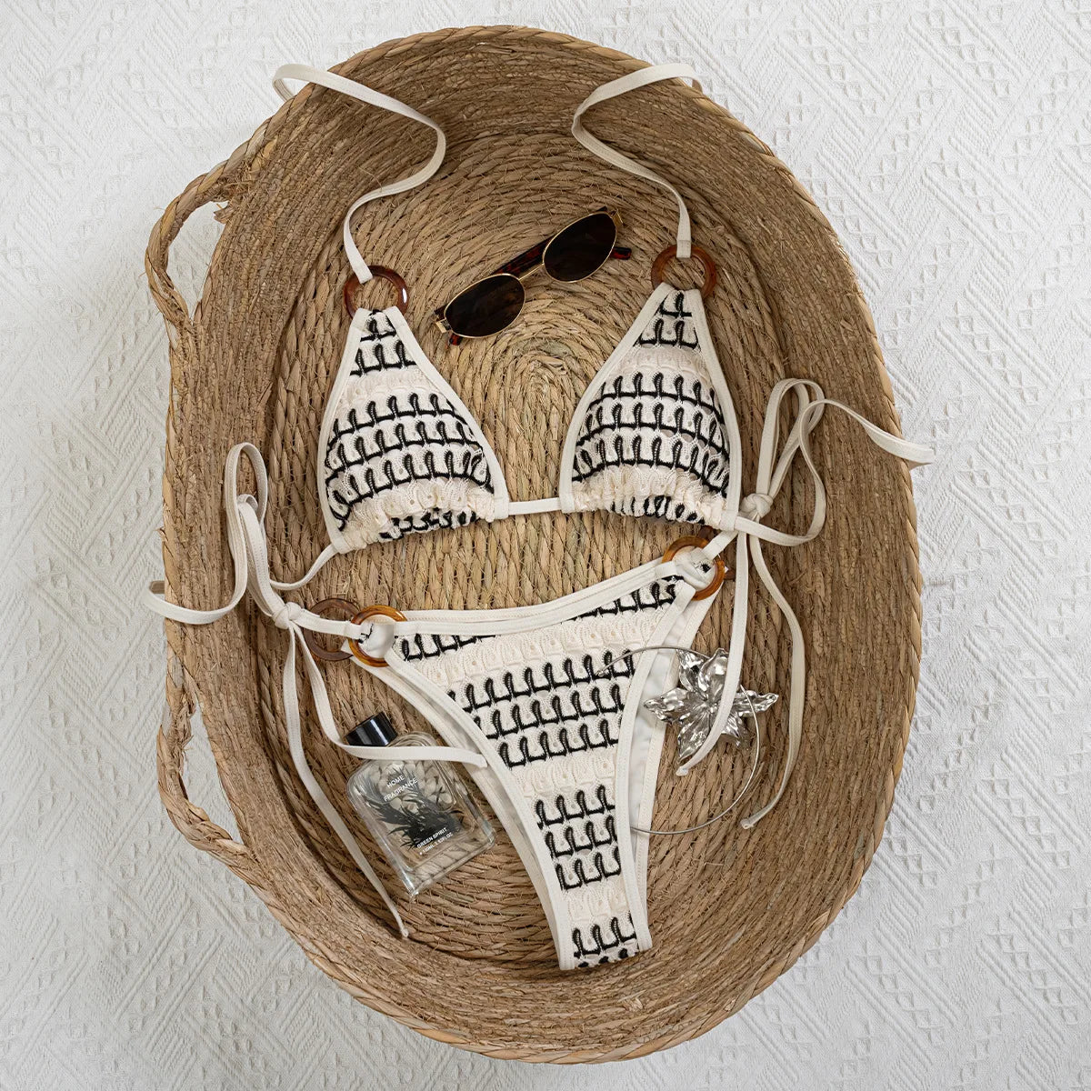 Sexy Beige Knitted Striped Bikini Set