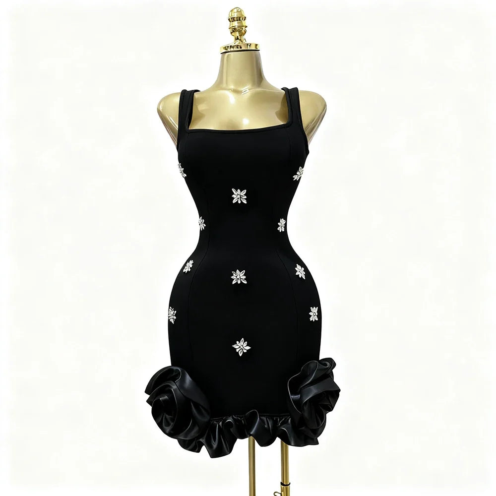 Sexy 3D Floral Bodycon Rhinestone Mini Dress