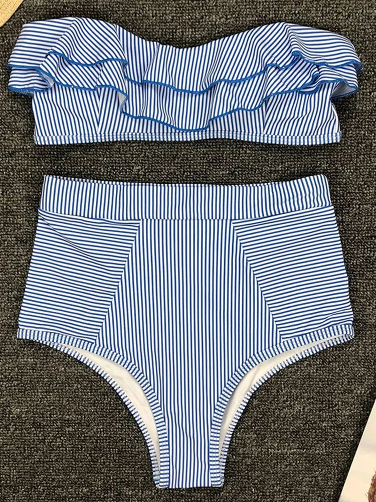 Striped Top Ruffle High Waist Bikini