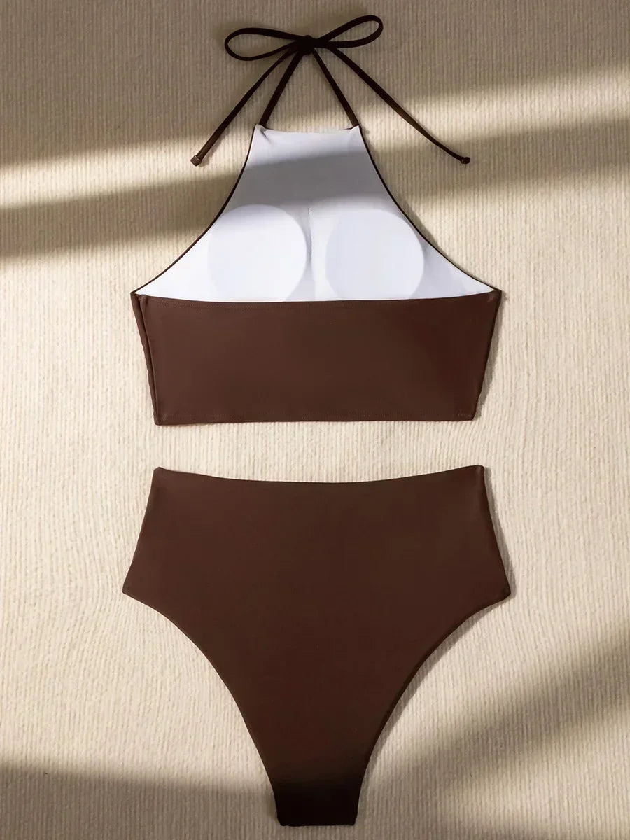 Wrinkled Halter Neck Crop Top Bikini