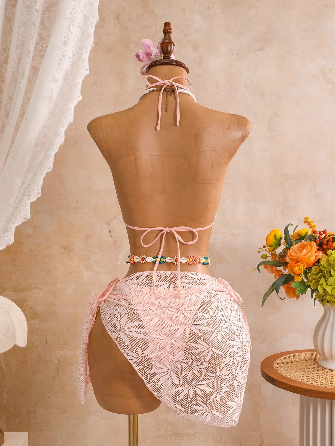 Vintage Pink Leaves Print Bikini Set