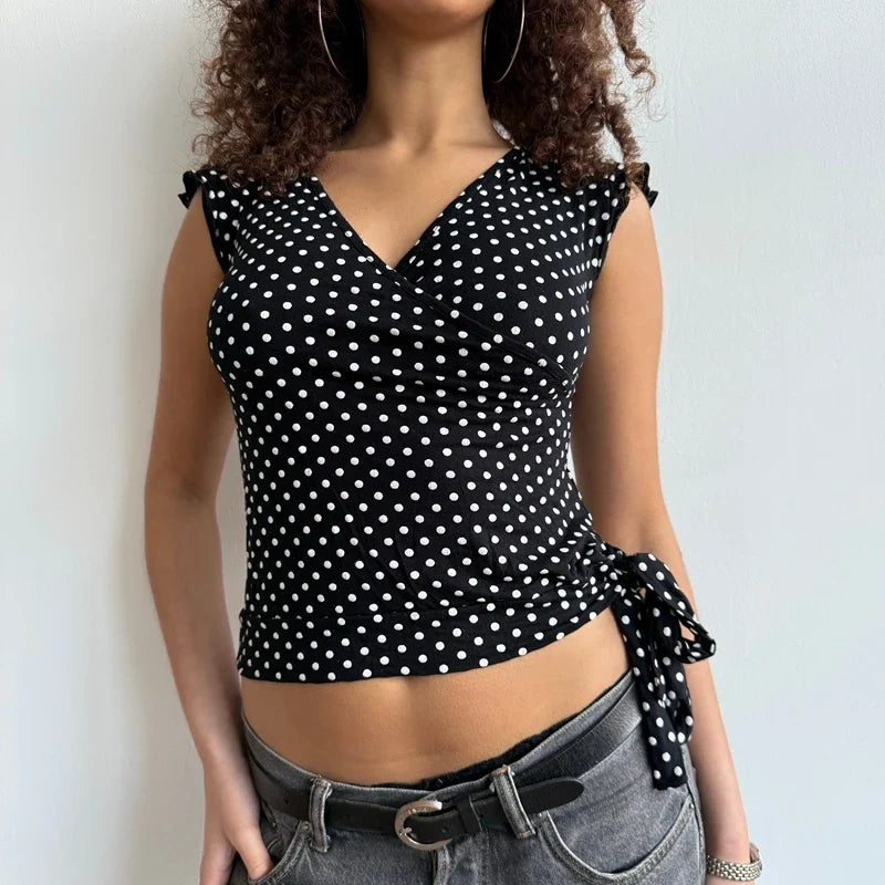 Polka Dot/Striped Bandage Wrap Crop Top