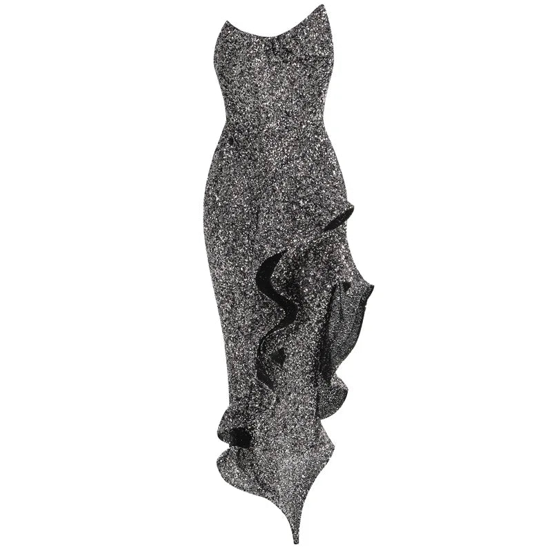 Sexy Sequins Strapless Evening Midi Dress