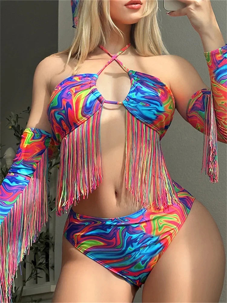 Sexy Tassel Long Sleeve Bikini Set