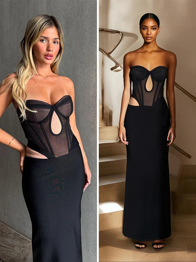 Black Mesh Patwork Bandage Evening Dress