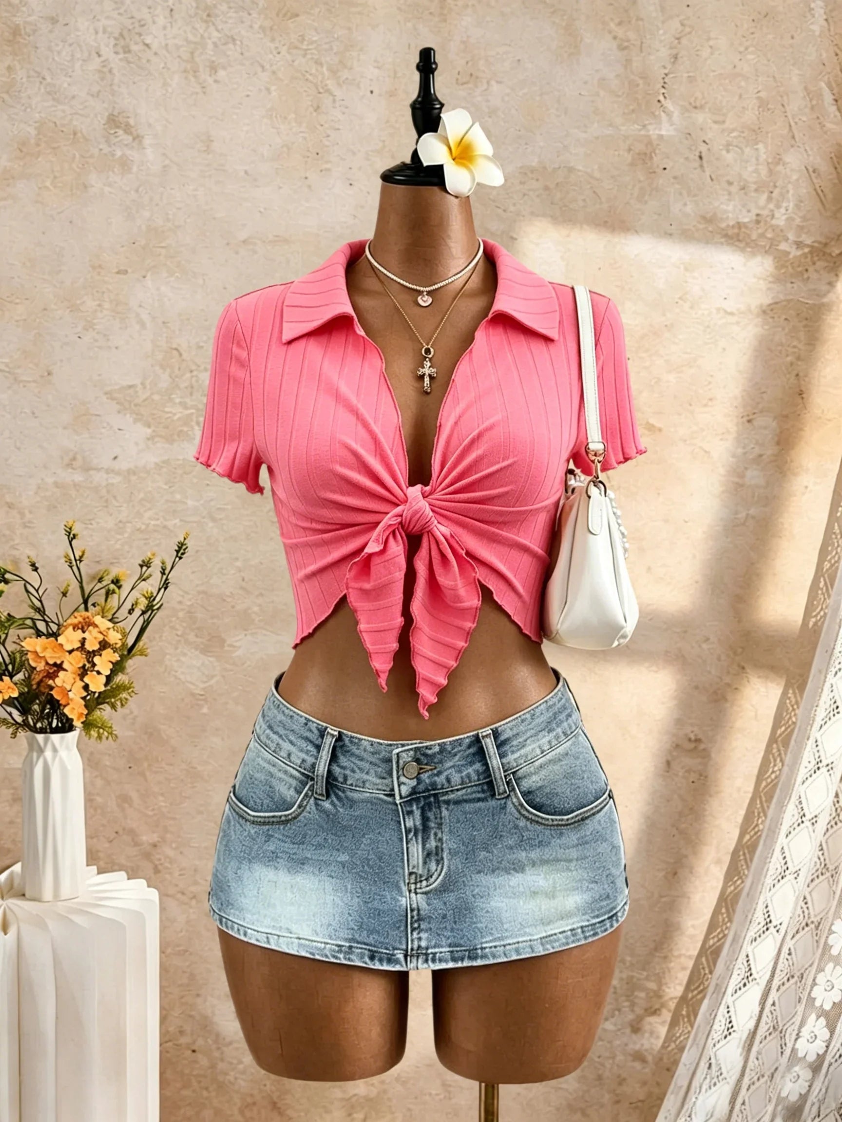 Polo Collar Front Tie Knot Short Sleeve Crop Top