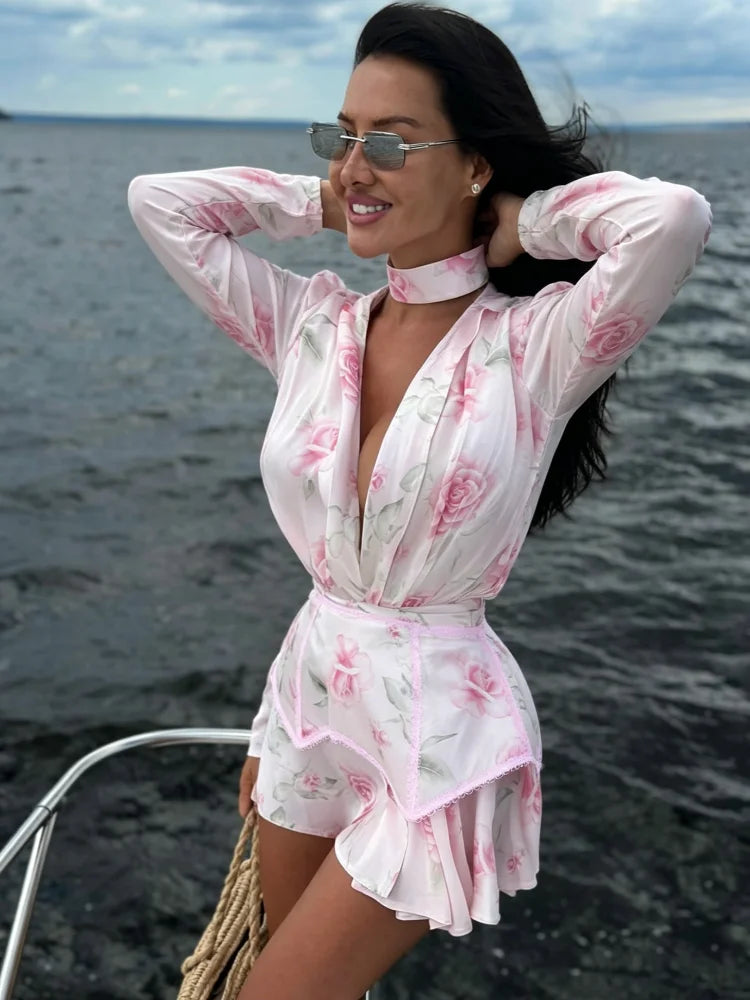 Sexy Pink Printed Satin Mini Dress