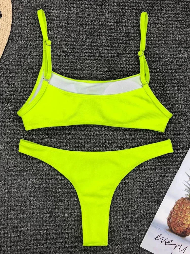 Sexy Neon Yellow Ribbed Brazilian Bikini