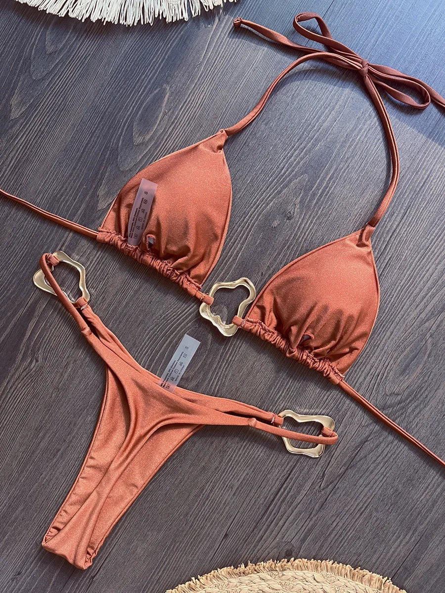 Sparkling Metal Ring Halter Extreme Mini Thong Bikini