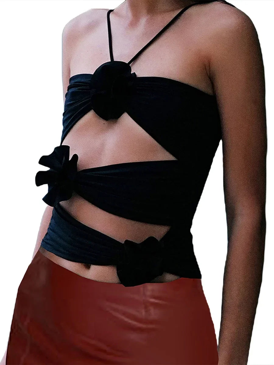 3D Floral Strap Crop Tops