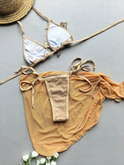 Sexy Yellow Floral Print Mesh Skirt Bikini Set