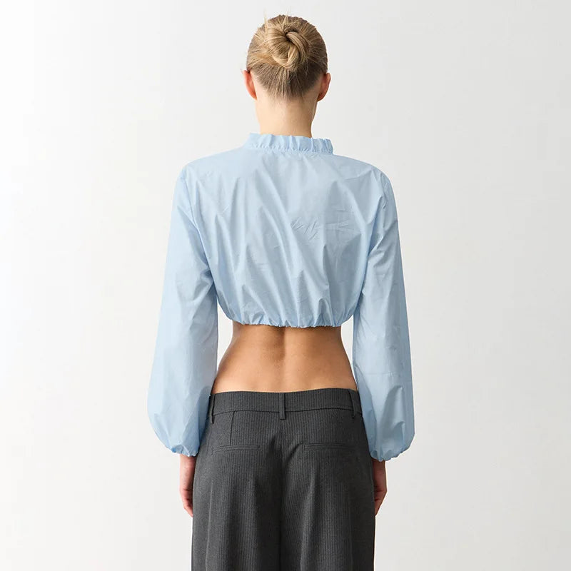 Autumn New Versatile Commuter Pullover Blouse Ruffle Trim Button Short Top