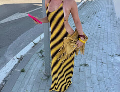Yellow Brown Diagonal Stripe Ribbed Maxi Dress