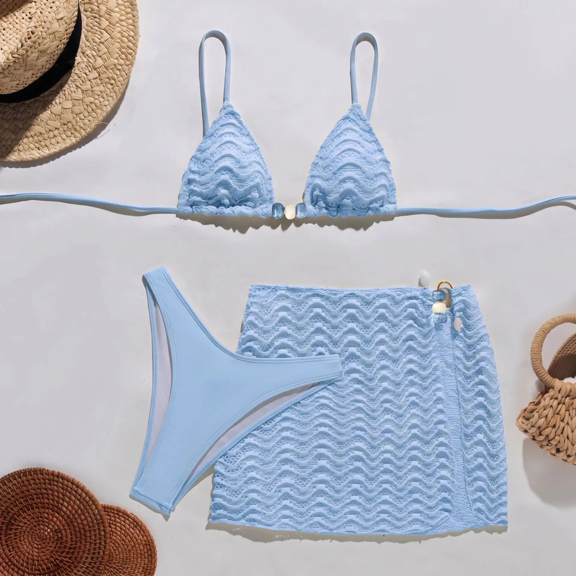 Sexy Coffee Pleate Skirt 3 Piece Swimsuit