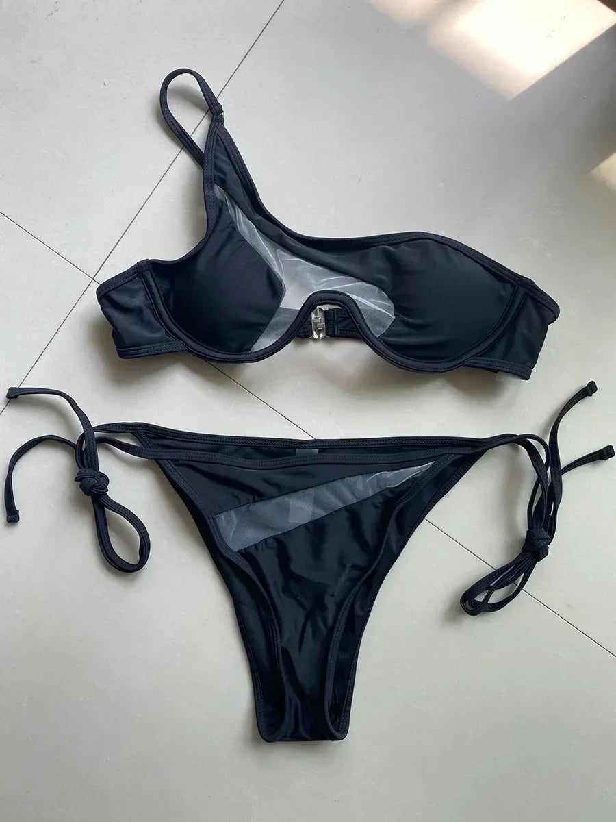 Splicing Black Mesh Underwired Bikini