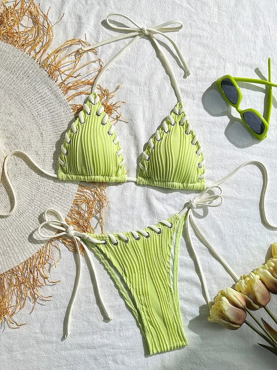 Halter Wrinkled Weaved Bikini