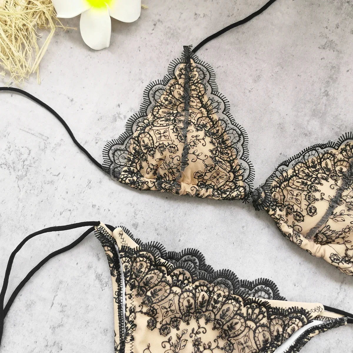 Sexy Black Lace Long Pants 3 Piece Bikini Set