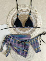 Sexy Blue Striped Knitted Bikini Set