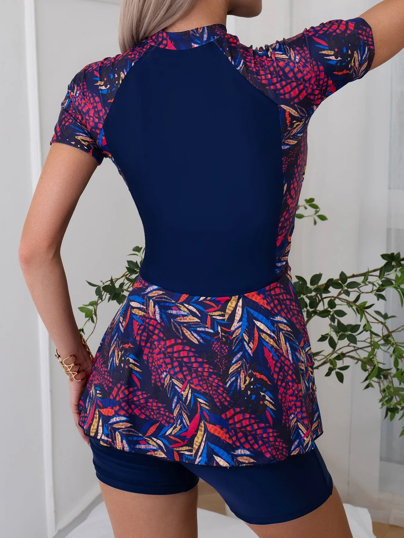 Navy Leaves Print 2 Piece Swimsuit