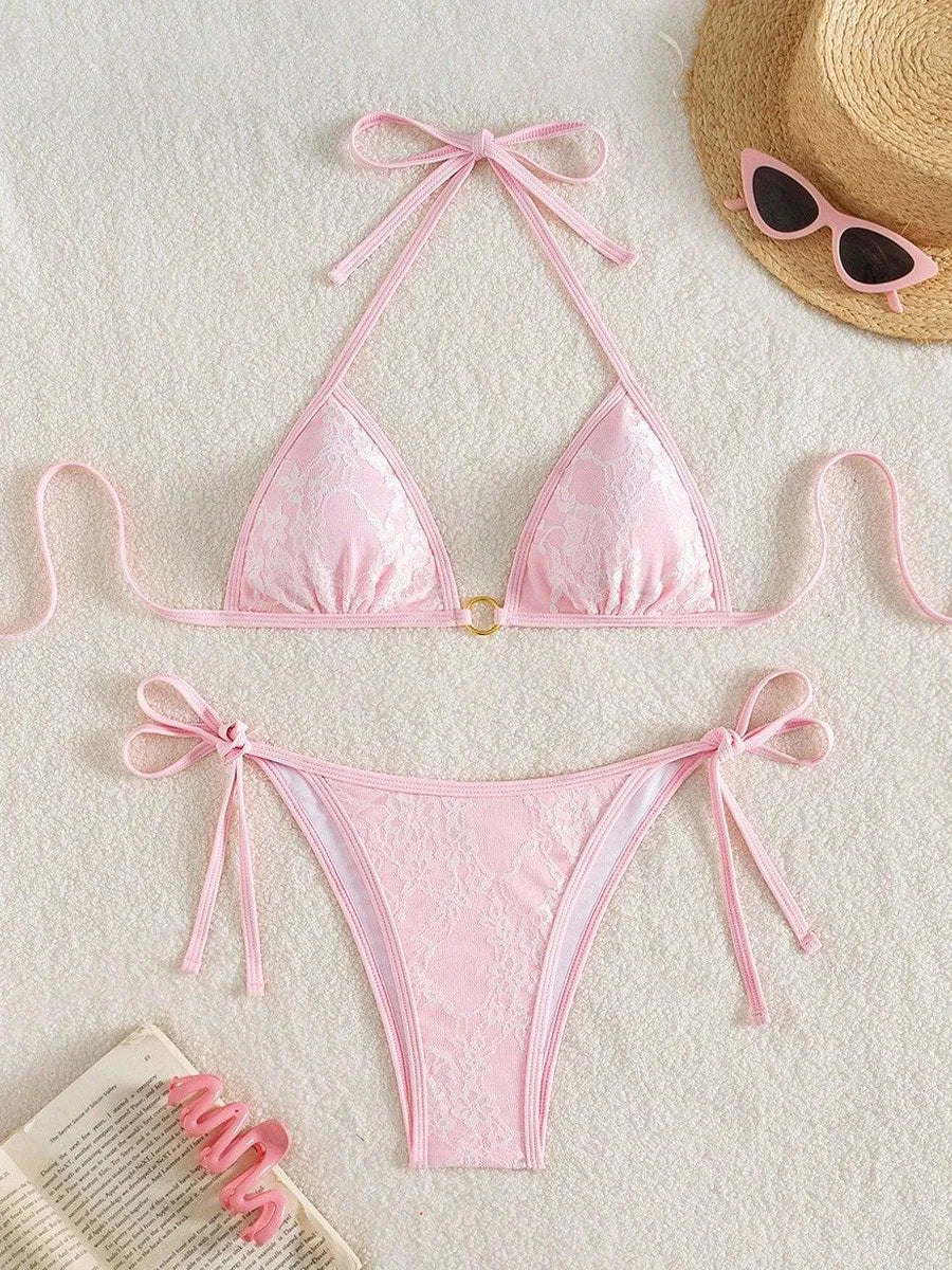 Embroidery Mesh Lace Halter High Cut Bikini