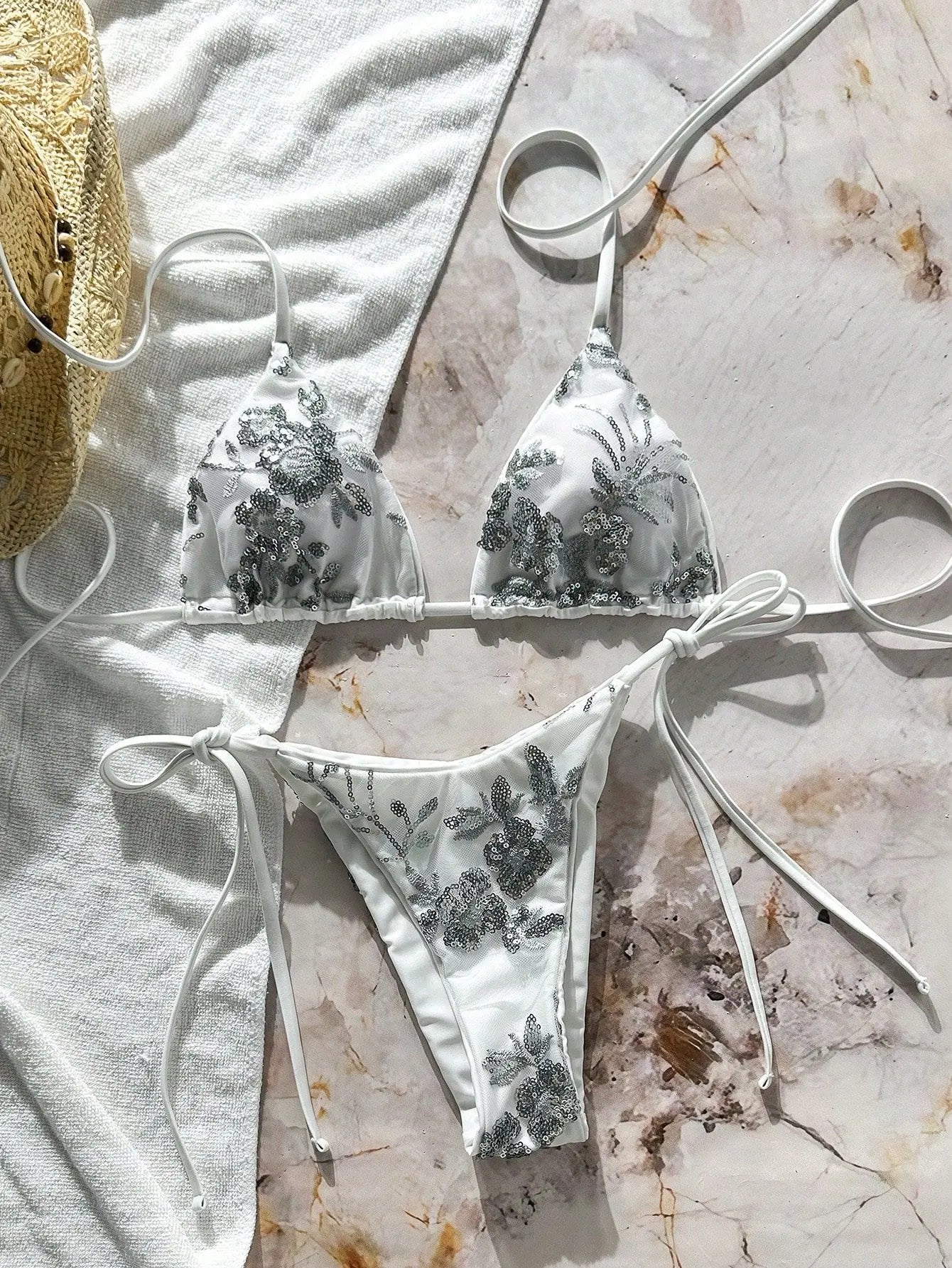 Sexy Purple Floral Embroidery Bikini Set