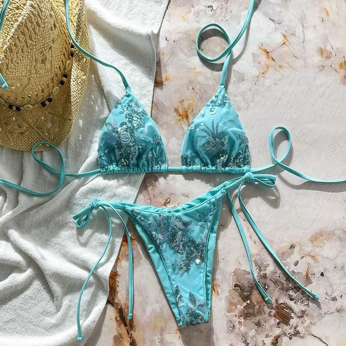 Sexy Purple Floral Embroidery Bikini Set