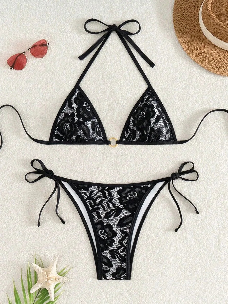 Embroidery Mesh Lace Halter High Cut Bikini